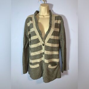 Banana republic Striped Gray Cream ruffle cardigan extra fine Marino wool XL